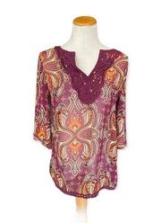 Womens East 5th Semi Sheer Paisley & Lace  3/4 Sleeve Tunic Top - Sz S