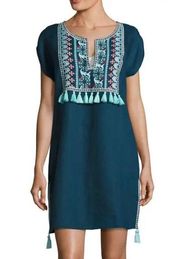 Seafolly Embroidered Coverup Linen Dress Tassels Blue Turquoise Bohemian Small