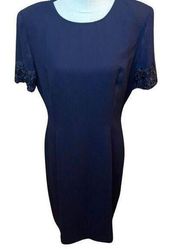 Vtg 90s/Y2K Donna Morgan Navy Sheer Back Embellished Sleeve Dress 12/L