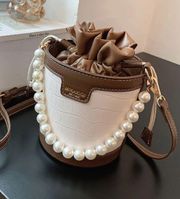 NWOT Croc Embossed Faux Pearl Decor Bucket Bag Beige & Brown