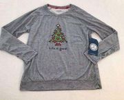 LIFE IS GOOD WOMENS SIZE SMALL LONG SLEEVE GREY CHRISTMAS PAJAMA SLEEP SHIRT TOP