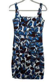 American Living SunDress Sz 4 Blue/Brown Modern Floral Artsy Slvless Zip-Back