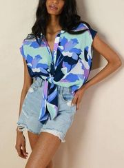 Hutch Short Sleeve Brickell Tie Top Floral Color Block Daffodils