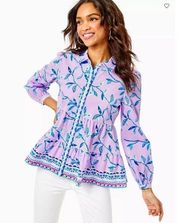 Lilly Pulitzer Kenna Stretch Top Button Down Long Sleeves Purple Iris Large