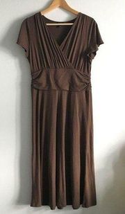 TALBOTS Faux Wrap Pleated Short Sleeve Midi Dress Brown Knit‎ Womens Sz M…