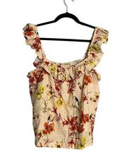 Linen Blend Floral Tropical Ruffle Tank Top