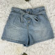 Mustard Seed Blue Denim High Rise Button Fly Paperbag Tie Waist Jean Shorts Sz L