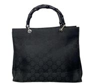 GUCCI Black Bamboo Handle Monogram Canvas Shopper Handbag Purse Y2K Vintage