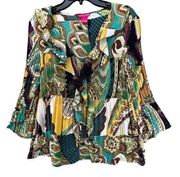 Sunny Leigh Blouse Womens L Multicolor Abstract Ruffle Pleated Bell Sleeve Top