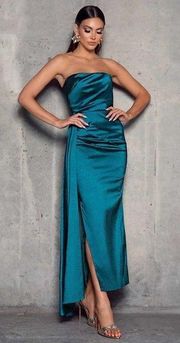 elle zeitoune Paulina Strapless Satin Taffeta Gown in Blue Small Maxi Long Dress