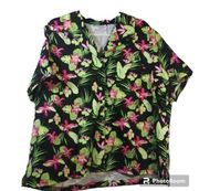 Blair Black Vibrant Hawaiian Button Front Short Sleeve Blouse Top Size 2XL