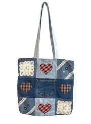 Denim Plaid Heart Red Lace Patchwork Jean Tote