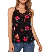 SUGARLIPS Mariella Floral V Neck Textured Lace Trim Cami Tank Top Black Sz XS