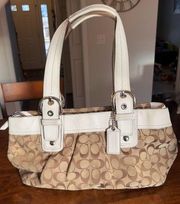 Coach Soho Signature Tan/Brown Canvas Shoulder Bag Pleated Bone Leather F13742