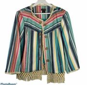 Multiples Striped Print Crochet Fringe Blazer Jacket Open Front Lined Women’s L