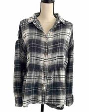 American Eagle  Navy Blue White Checkered Flannel Button Down Peplum Blouse sz XS