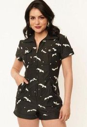 Unique Vintage Black & Glow In The Dark Bat Print Mia Romper Large 10/12 NWT