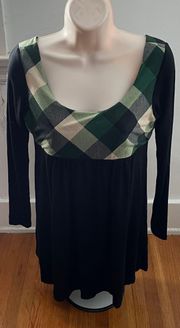 Vintage Y2K  Black Tunic with Green Plaid Detailing, size S Made in USA