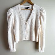 Marc New York Puff Sleeve Cable Knit Semi-Crop Cardigan Sweater in Ivory, Large