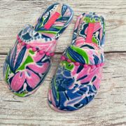 Lilly Pulitzer Clara Velour Slippers in Gecko Green Tiger Sunrise Size 5 / 6