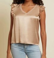 NATION LTD Joey Satin Ruffle V-Neck Tank Top in Champagne