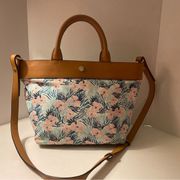 Brooks Brothers Pastel Floral Print Canvas Crossbody Leather Trim Tote Handbag