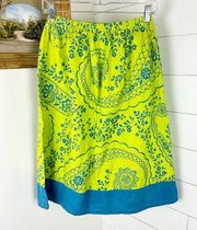 Linen Midi Skirt Size Small Floral Lime Blue Lagenlook Pull On Pockets