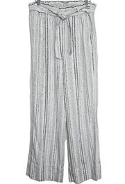 Jolt Womens Size M Linen Blue Striped Rayon/ Linen Blend Paperbag Wide Leg Pants