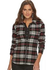 Women’s Black Red White Plaid Zip Up Zipper Zippered Flannel Top Medium