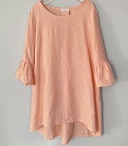 Bryn Walker Dress‎ XS 100% Linen Round Neck 3/4 Bell Sleeve Shift Dress Peach