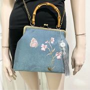 Handmade Blue Embroidered Butterfly & Flowers Wooden Top Handle Chain Strap Bag