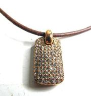 Fossil Leather Cord Rose Gold Tone Rhinestone Pendant Adjustable Brown Sparkly