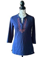 womens navy embroidered boho peasant prairie 3/4 blouse S