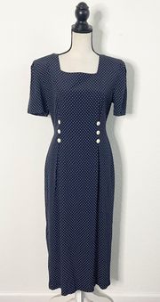 VINTAGE  80s 90s Blue White Short Sleeve Polkadot Dress Size 9/10