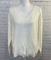 CHARLOTTE RUSSE Sweater Crewneck Distressed White with Shimmer-Large