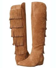 Isola Tavora Bohemian Fringe Hidden Wedge Suede Knee Boots Brown Size 7.5