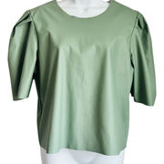 Moss Green Pleather Puff Sleeve Elbow Length Tee size M Polyester Round Neck Top