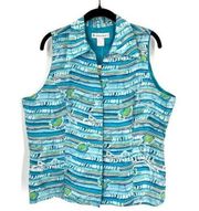 NWT Dressbarn Silk Ocean Fish Print top Turquoise Size XL Coastal blouse travel