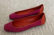 DVF pink suede flats square toe orange heel tan logo Diane von Fürstenberg