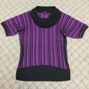 Cowl Neck Black Purple Fuchsia Ribbed Short Sleeve Sweater Size Small