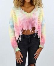 Skylar + Madison Tie Dye Distressed Crop Sweater Medium Reversible Fringe