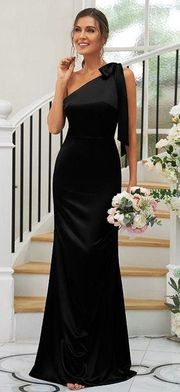 Black satin bridesmaid Dress - One Shoulder 