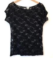 DYNAMITE Solid Black Floral Lace Short Dolman Sleeve Semi Sheer Blouse Top JRS S