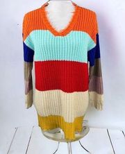 🎉 Dress Up Colorful Striped Tunic Sweater V Neck Frayed Trim Size S