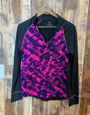 Womens Medium Jacket Workout Active Pink Black long sleeve zip neck