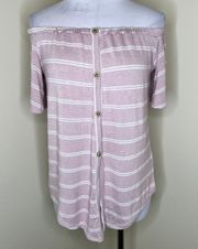 Top SMALL Pink Stripe Knit Short Sleeve Off The Shoulder Button