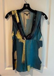 ROZAE NICHOLS Sleeveless Teal & Yellow Silk Watercolor Print V-neck Blouse | 2