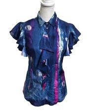 Adam by Adam Lippes Blue Button Up Top Silk Ruffle Detail Abstract Womens Size 6