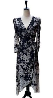 MNG Black and Cream Floral Long Puff Sleeve Midi High Low Wrap Dress Sz 4 Small