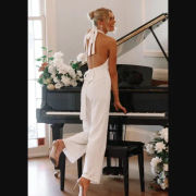 Petal & Pup Clara Bow White Halter Open Back Wide Leg Jumpsuit S